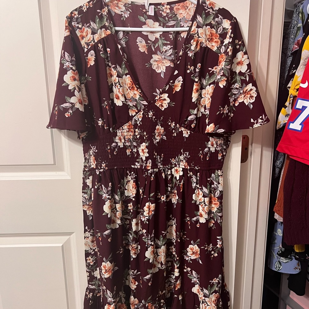 Brand New Burgundy Dress with floral print and cinch waist detailing